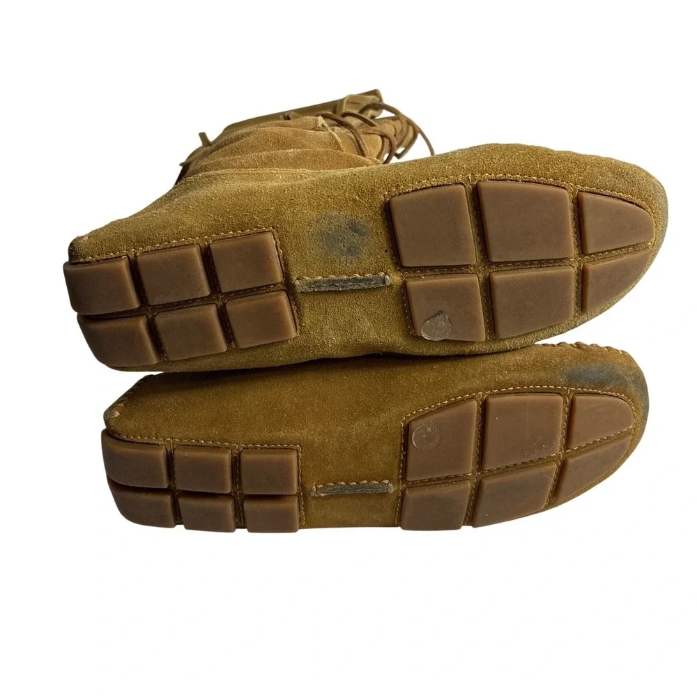 Tory Burch Tan Suede Fringe Moccasin Lace Up‎ Tall Boots Gold Logo Tassels 7M